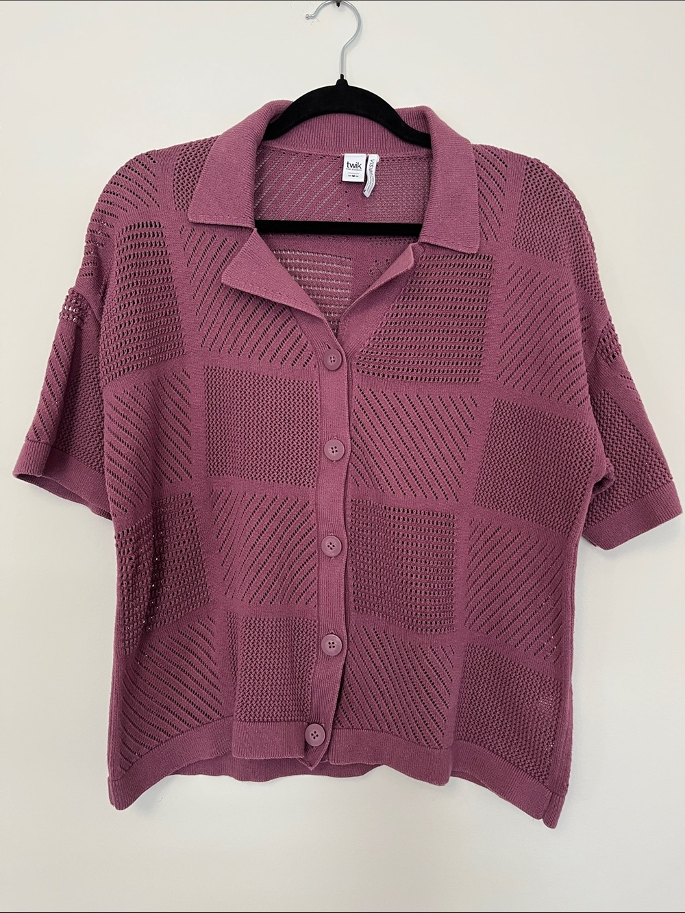 Simons Twik Women’s Crochet Top Medium 100% Cotton Purple Camp Collar Knit